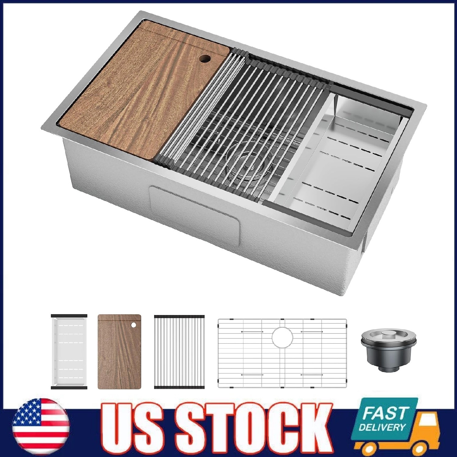 Undermount Kitchen Sink ,32x19x10″ Stainless Steel Single Bowl Sink Workstation
