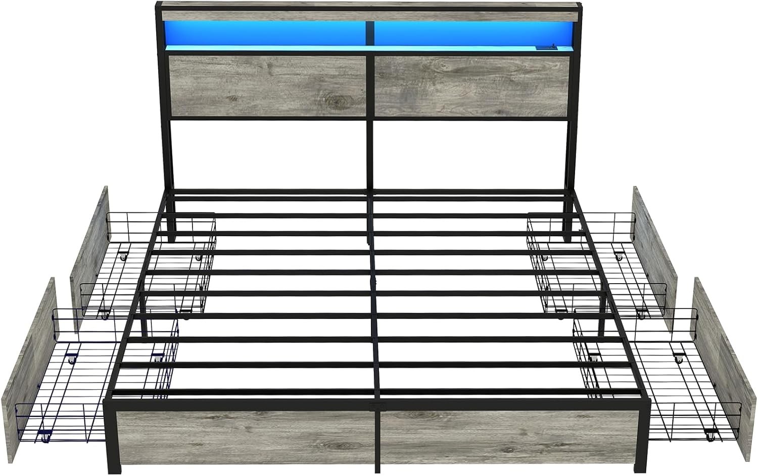 Full Queen King Bed Frame with Storage Headboard ,Charging Station & LED Lights