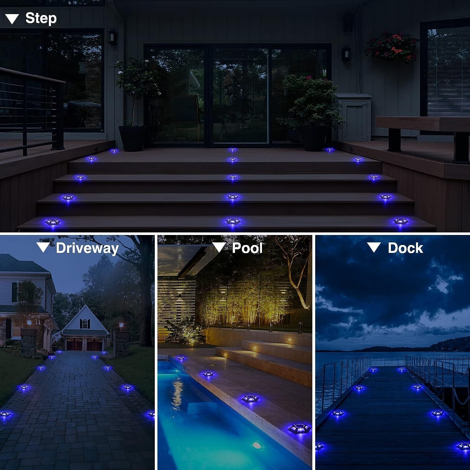 T-SUN 8Pcs Blue Solar Deck Lights Driveway Dock Garden LED Light Step Lights