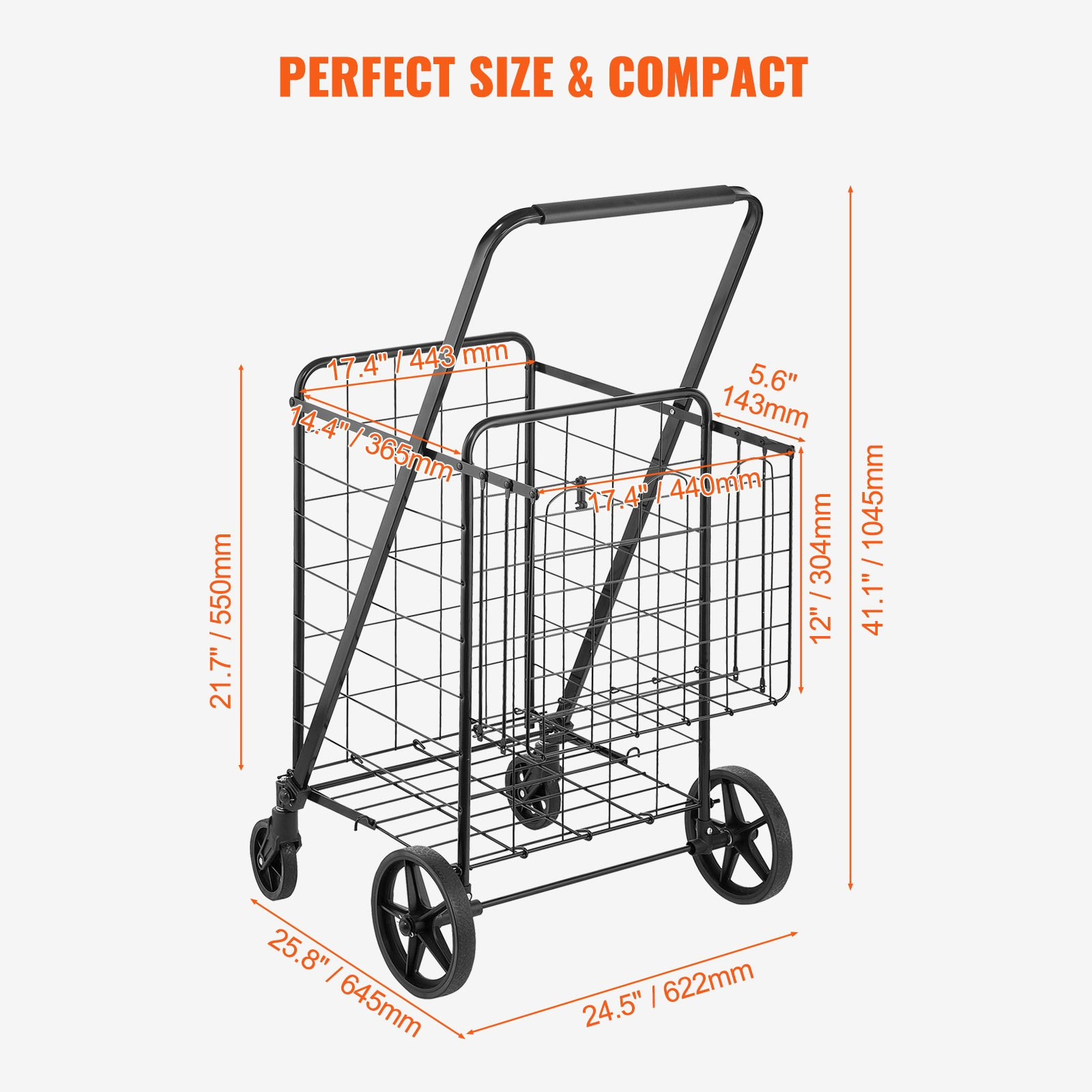 VEVOR Folding Shopping Cart, Jumbo Grocery Cart with Double Baskets, 360° Swivel