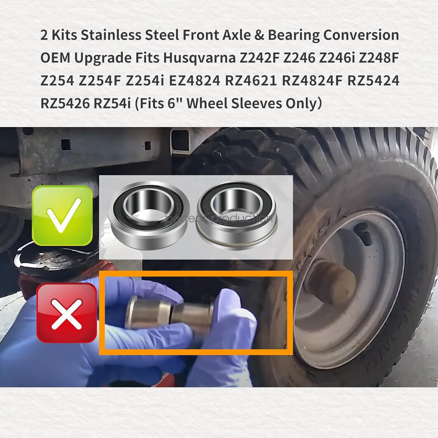 2*Stainless Steel Front Axle & Bearing Conversion Z242 246 248 254 6″Sleeve