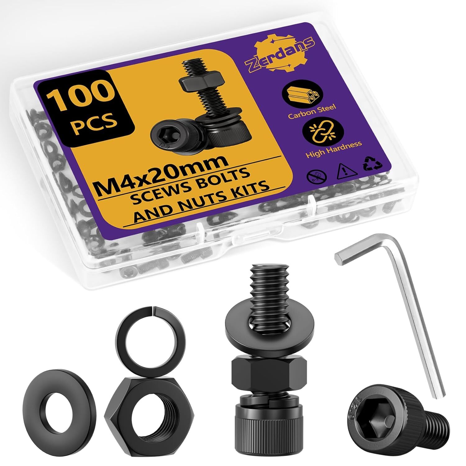 Hex Socket Head Cap Screws Bolts & Nuts Assortment Kit with Lock & Flat Washers