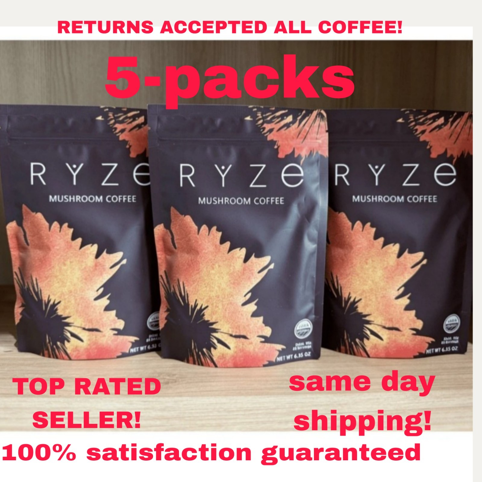 5 Pack + 1 Bonus Pack! Ryze Mushroom Coffee with MCT Oil | 6 Adaptogens