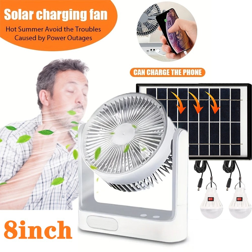 8 INCH Rechargeable Fan 30 dB With solar panel, Variable Speed and 2 Free bulbs