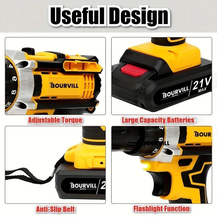 BOURVILL 21V Cordless Impact Drill Set, Wireless Drill Set, Household Power Tool