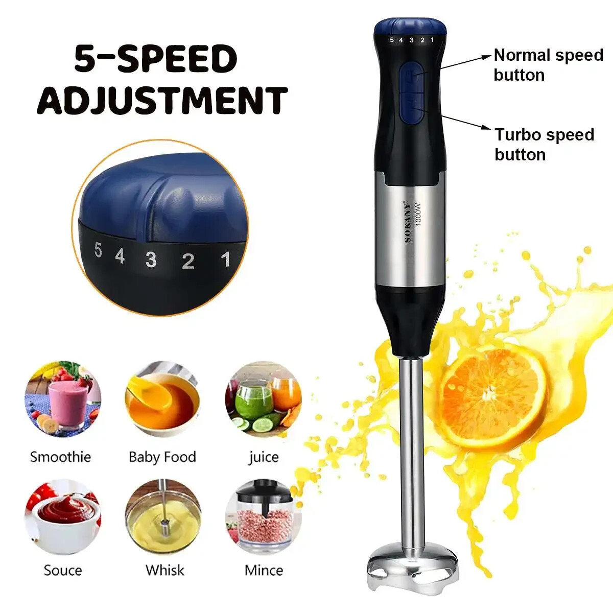 1000W 5 Speed 5 In 1 Immersion Electric Hand Blender Stick Chopper Mixer Juicer