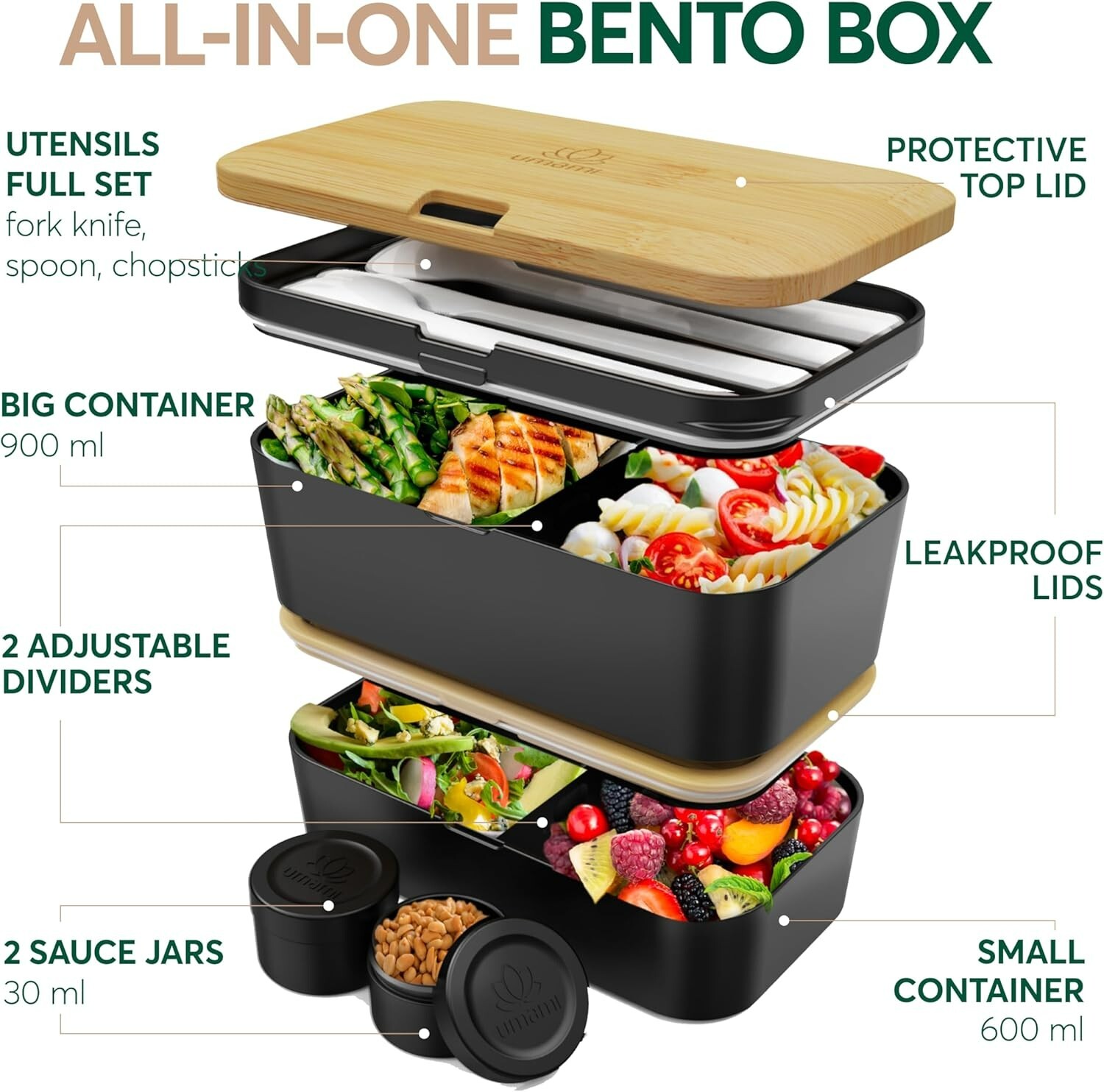 Umami Bento Box Adult – Stackable , Easy To Clean, 100% Leakproof -Bamboo Black