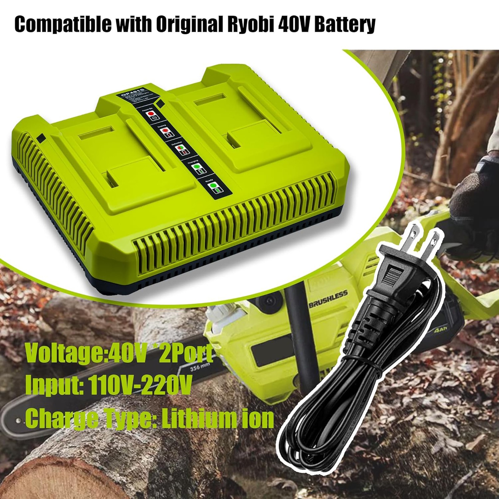 40V Charger OP401S for Ryobi 40V Battery, Dual Battery Charger for Ryobi OP4040
