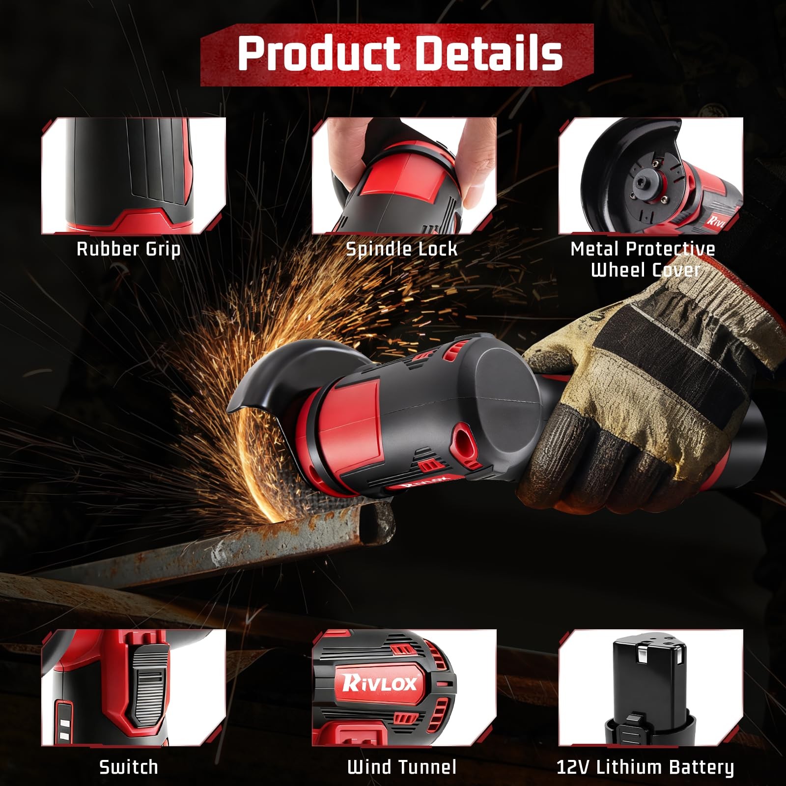 Cordless Angle Grinder Kit, 3-inch Mini Angle Grinder Tool with 2Pcs 12V 1500mAh