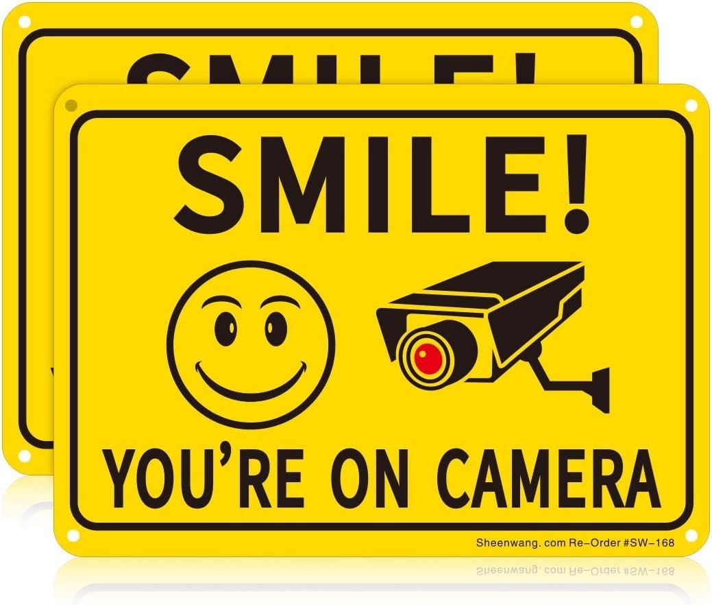 Bright Yellow 10×7 Security Signs – 2-Pack Smiley Face Video Surveillance Alerts