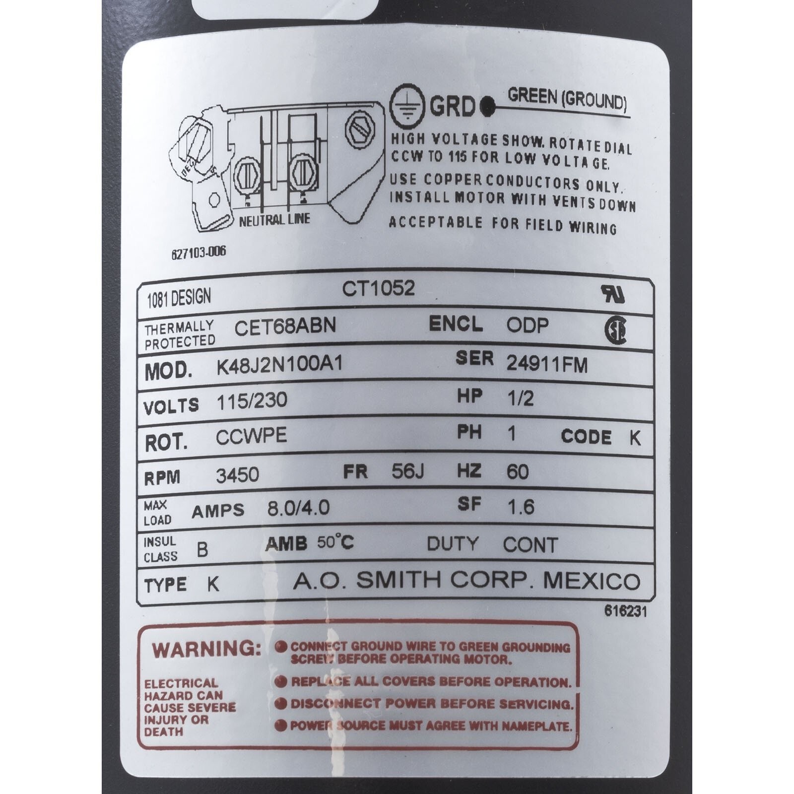 Motor, Century, 0.5hp, 115v/230v, 1-Spd, 56Cfr, C-Face Thd, EE