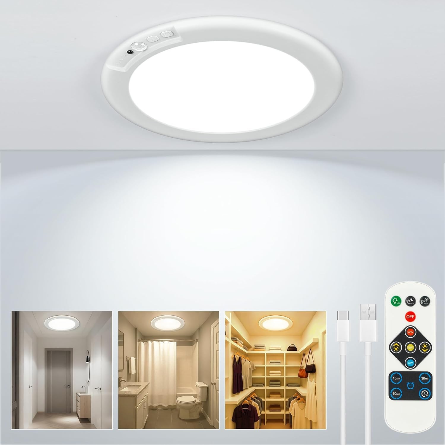 Wireless Closet Lights Motion Sensor，No Wiring Rechargeable Ceiling Light