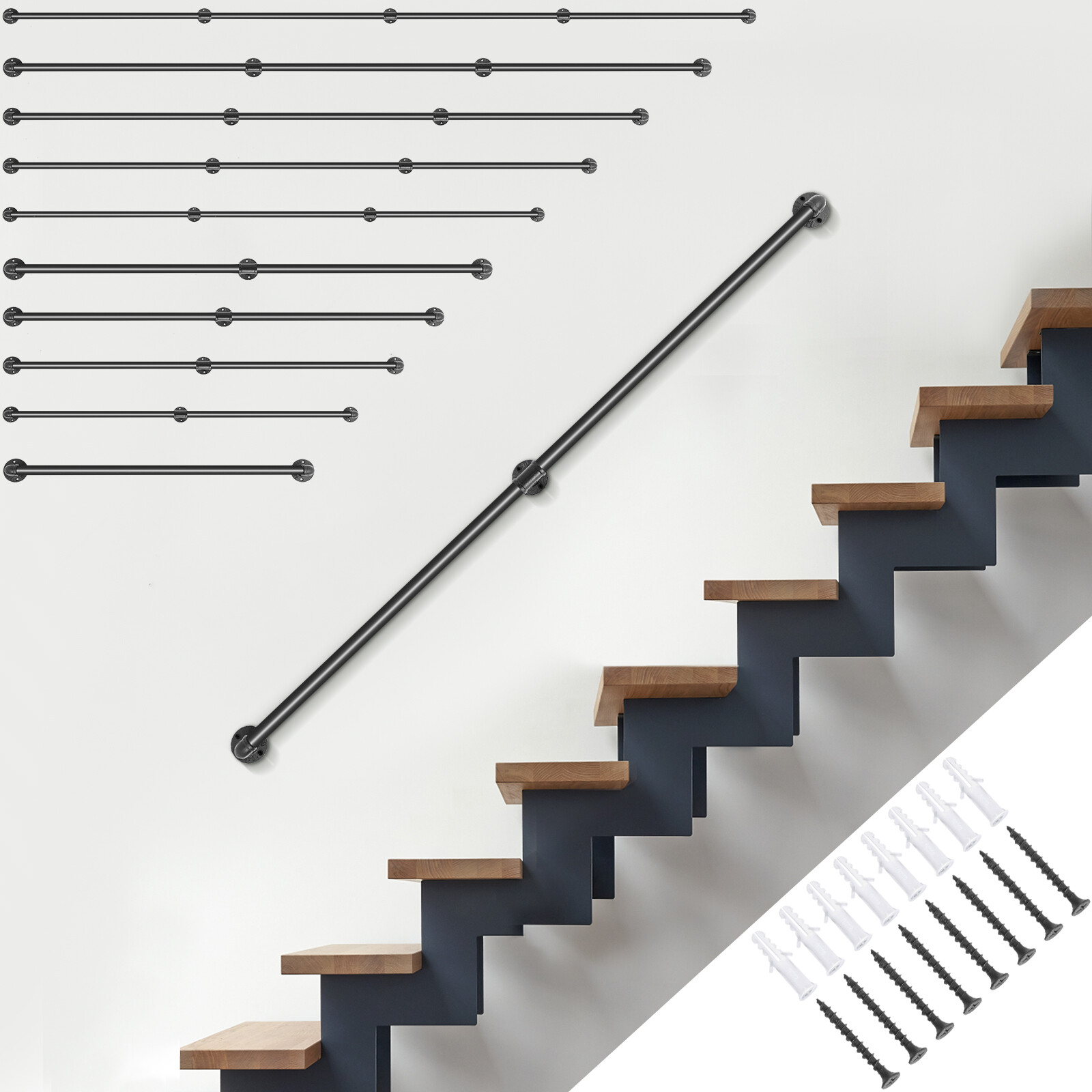 VEVOR Pipe Stair Handrail Staircase Handrail 2-13 FT Carbon Steel for Wall Mount