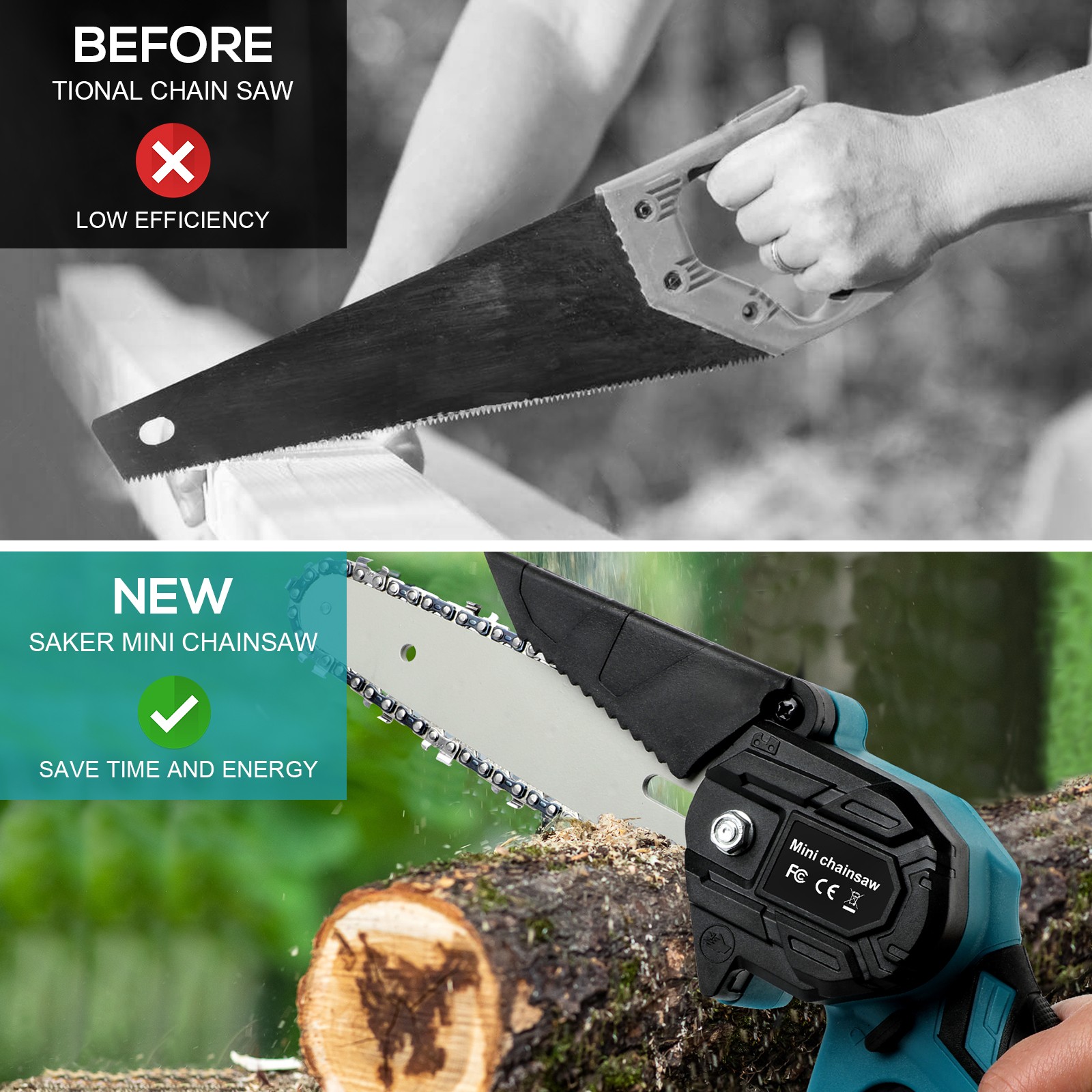 6″ Electric Mini Chainsaw Cordless Handheld Saw 2 Battery + 2 Chains for Makita