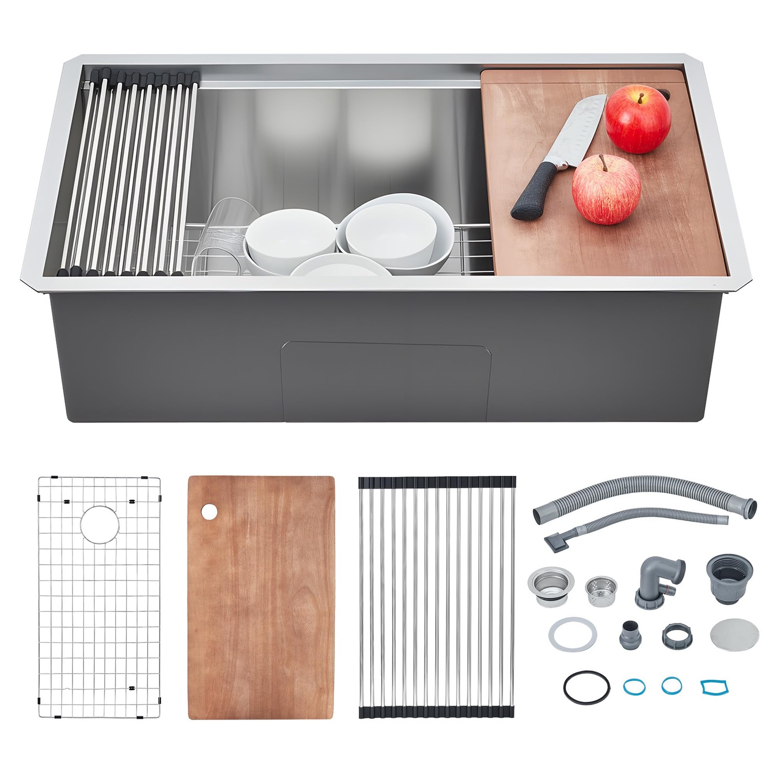 Sleek Kitchen Sink Undermount Single Bowl Stainless Steel 30 In w/ Grid Strainer