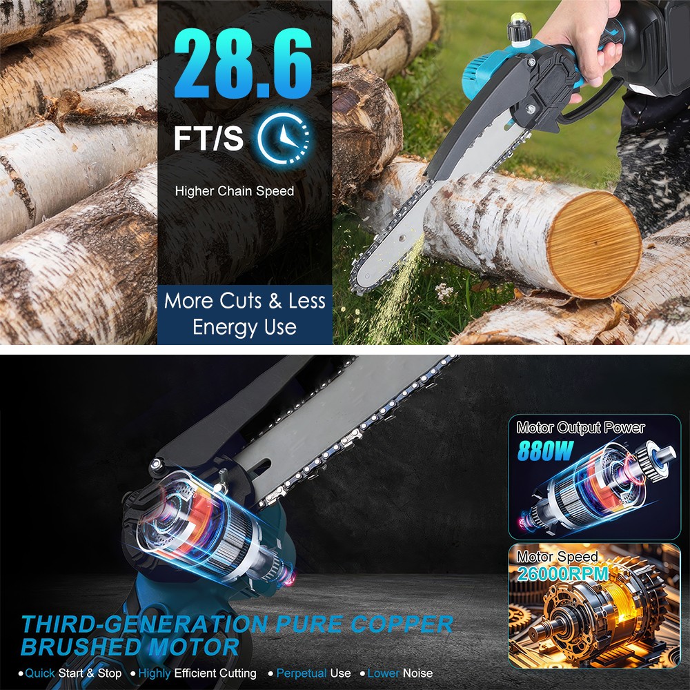 2-in-1 Electric Pole Saws Mini Chainsaw Cordless 6″ Chain Saw w/ Extension Pole