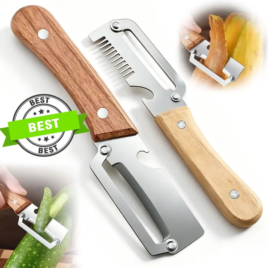 2PCS 2-in-1 Serrated Peeling Knife Premium Vegetable Peeler With Wooden Handle ~