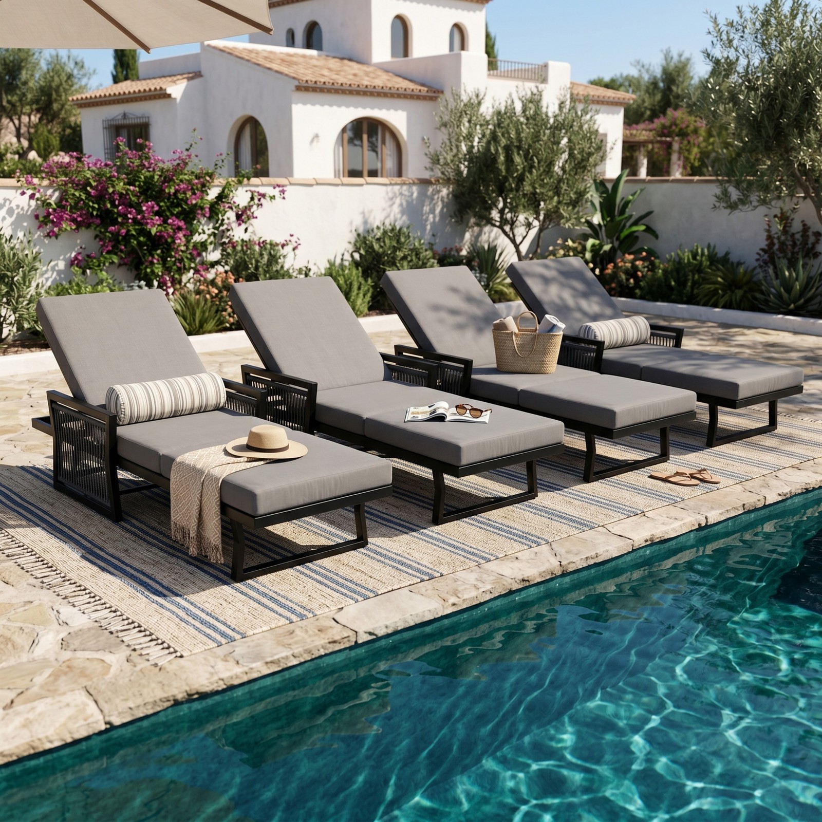 All-Black Chaise Lounge with 4″ Thick Dark Grey Cushion, 400 LBS Capacity