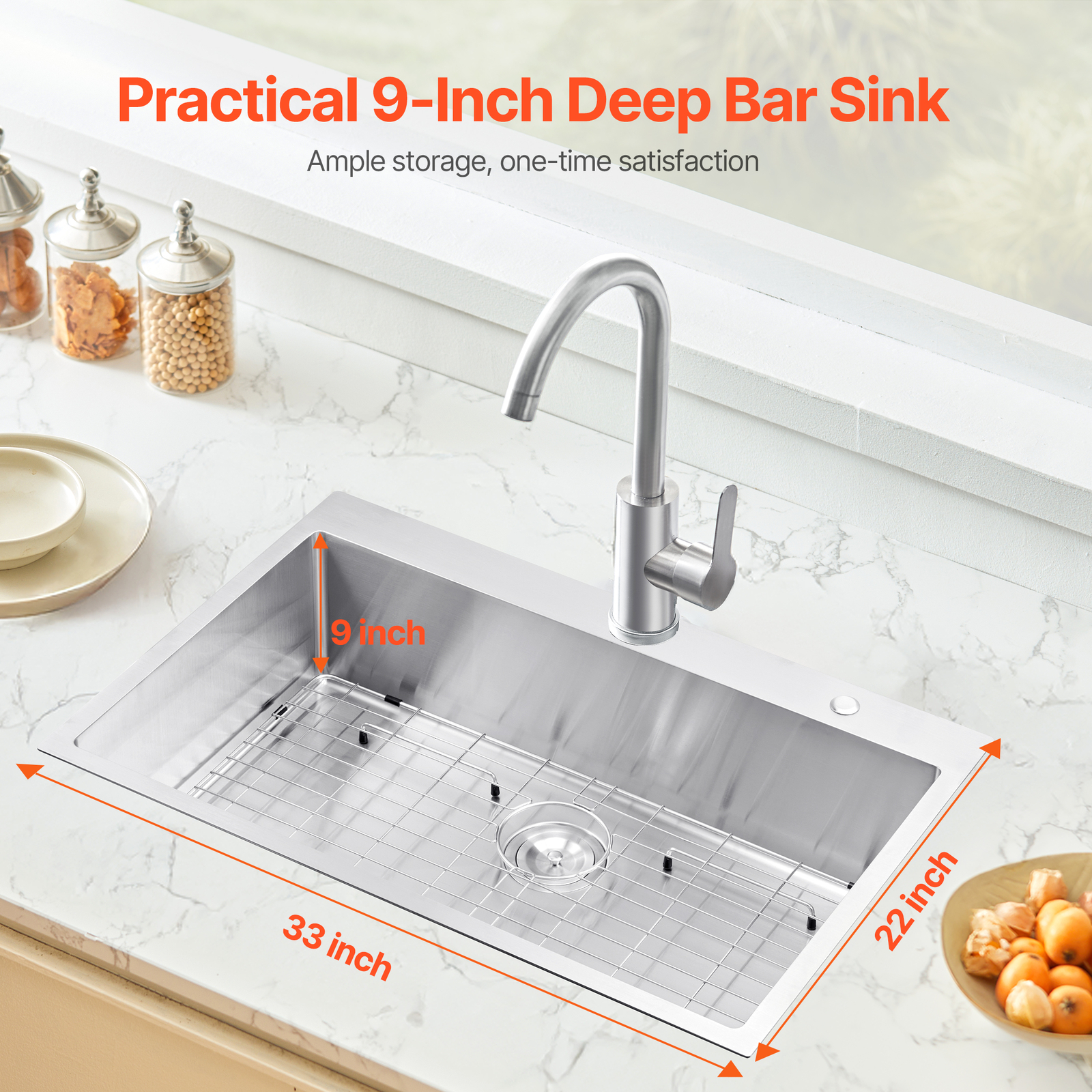 33″ Kitchen Sink Top Mount Single Bowl Drop-In Basin Stainless Steel Bar