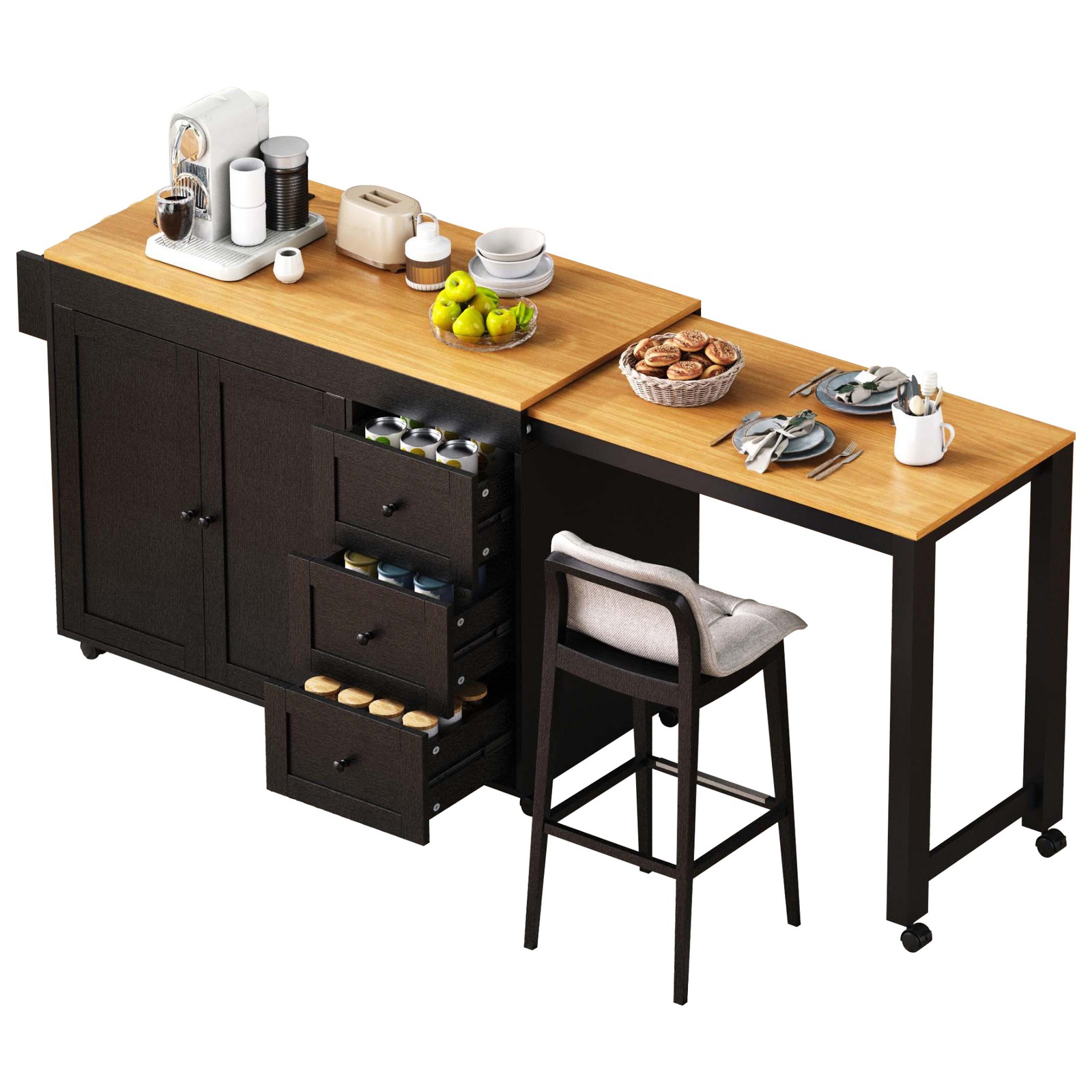 74.8 Inch Kitchen Island with Extendable Dining Table Rolling Storage Cart Power
