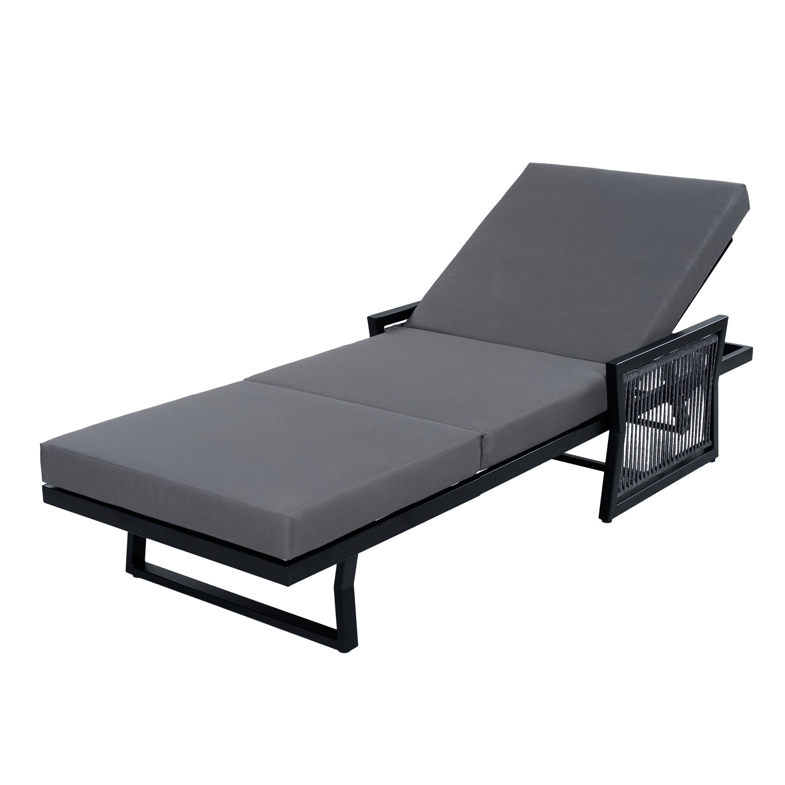 All-Black Chaise Lounge with 4″ Thick Dark Grey Cushion, 400 LBS Capacity