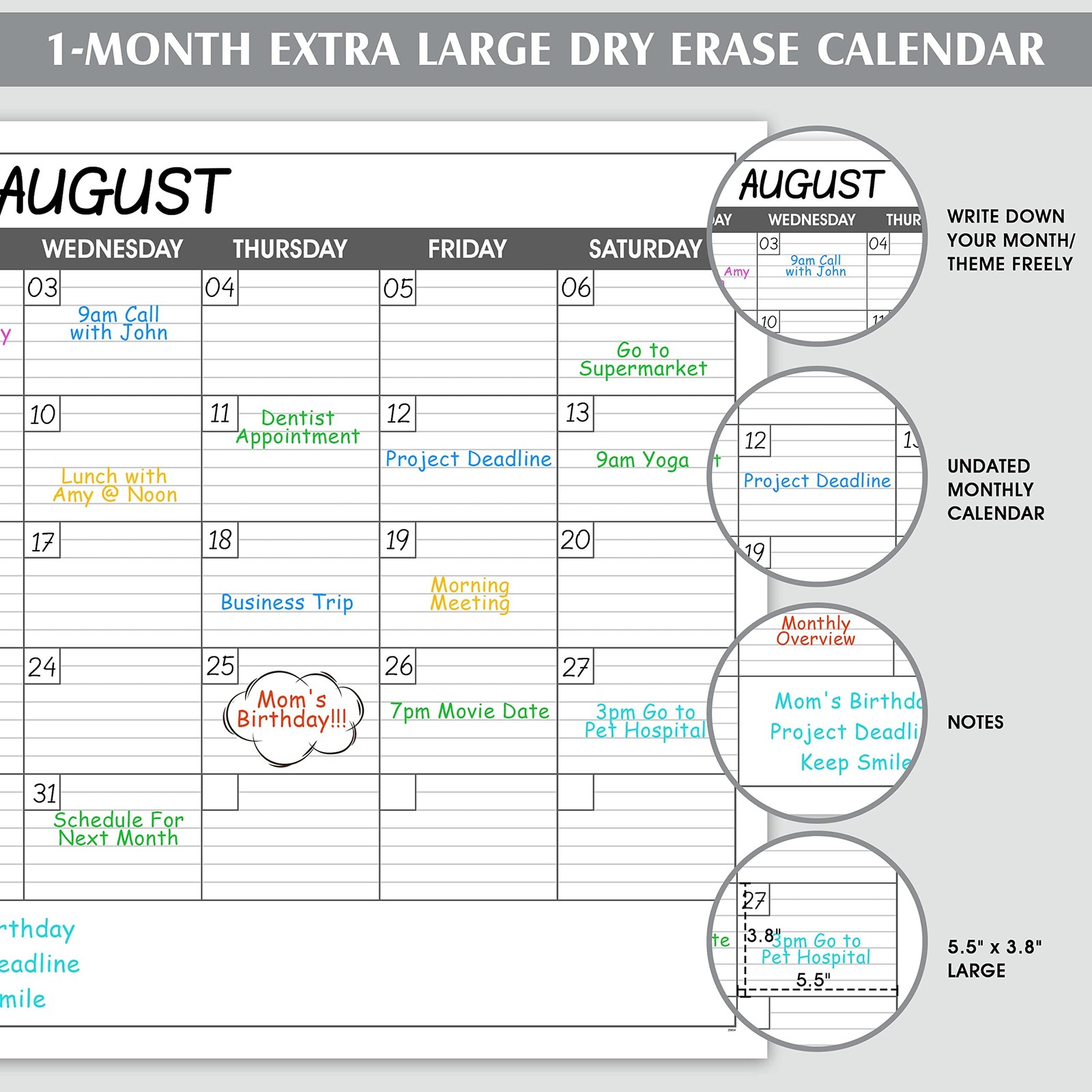 Large Dry Erase Calendar for Wall – Undated 1 Month Big Wall Calendar, 40″ x …