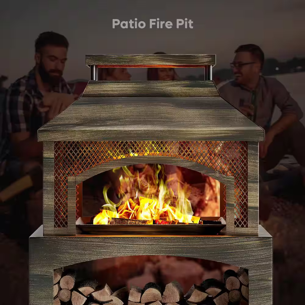 37 In. Steel Outdoor Wood Burning Fireplace with Wood Storage Rectangular Freest