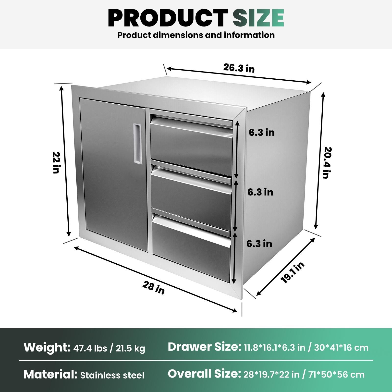 Outdoor Kitchen Door Drawer Combo 28″x22″ BBQ Triple Drawers & Access Cabinet