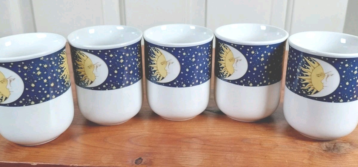Vtg Oneida Galaxy Sun Moon Stars Stoneware Mugs Set of 5 Celestial Whimsigoth