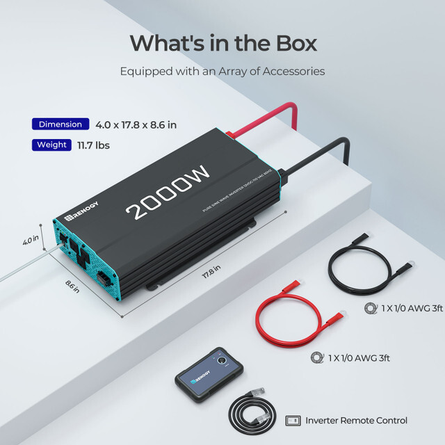 Renogy 2000W Pure Sine Wave Inverter 12V DC to 120V AC Converter Remote Control