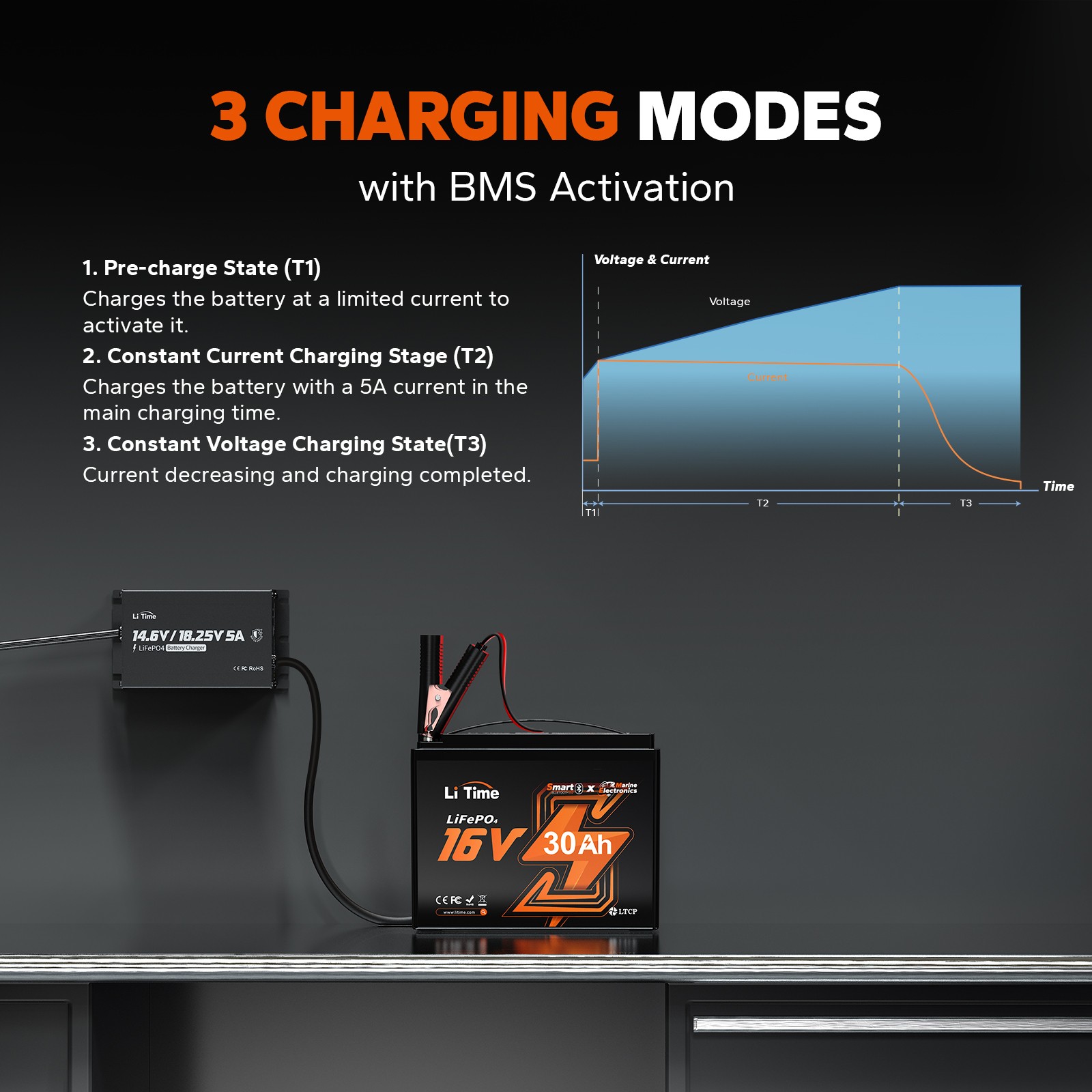 LiTime 14.6V+18.25V 5A Dual Voltage Lithium Charger for 12V 16V LiFePO4 Battery