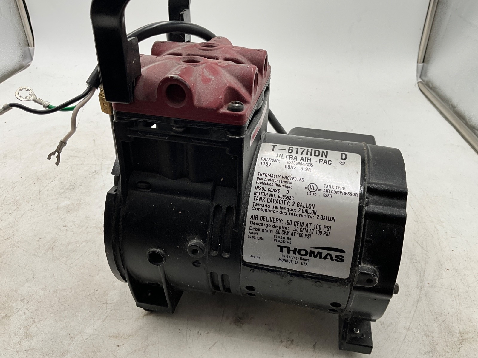 THOMAS T-617 HDN Compressor Motor WorkinQuiet Oil Free 2 gal Hot Dog 0.5 hp 0.8