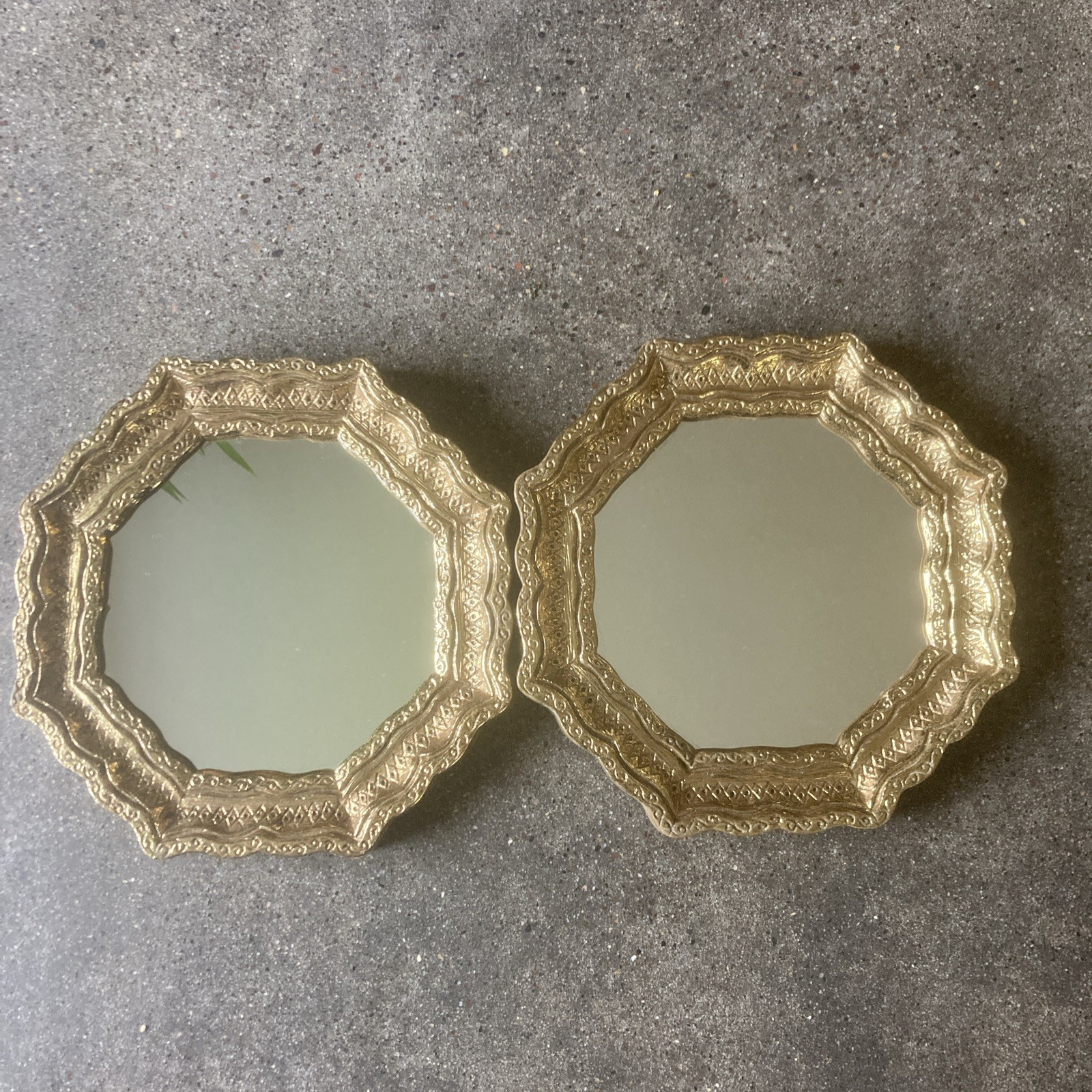 Vtg Set of 2 Burwood Products Gold Octagon Wall Mirrors Hollywood Regency MCM 7”