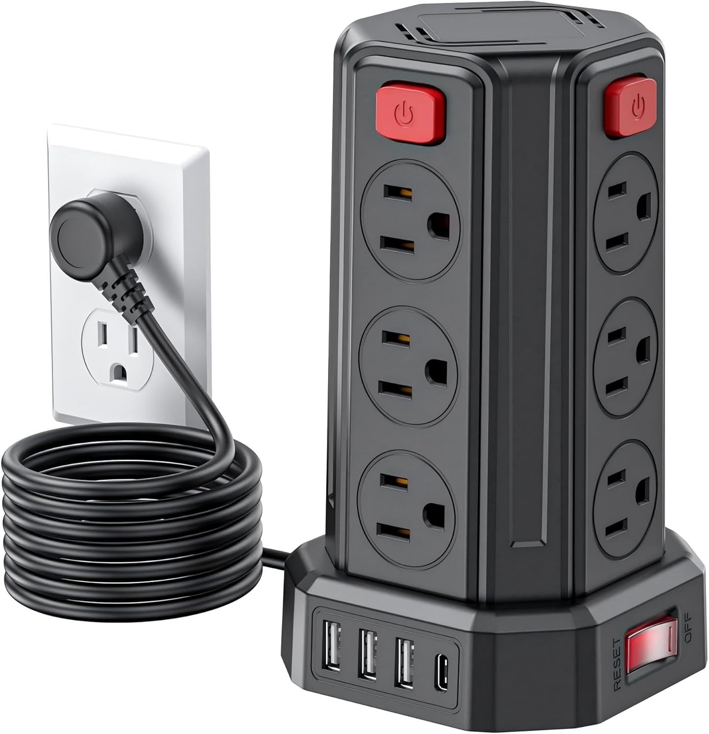 Compact 12-Outlet Power Strip with 4 USB Ports – 6.5 Ft Surge Protection Tower