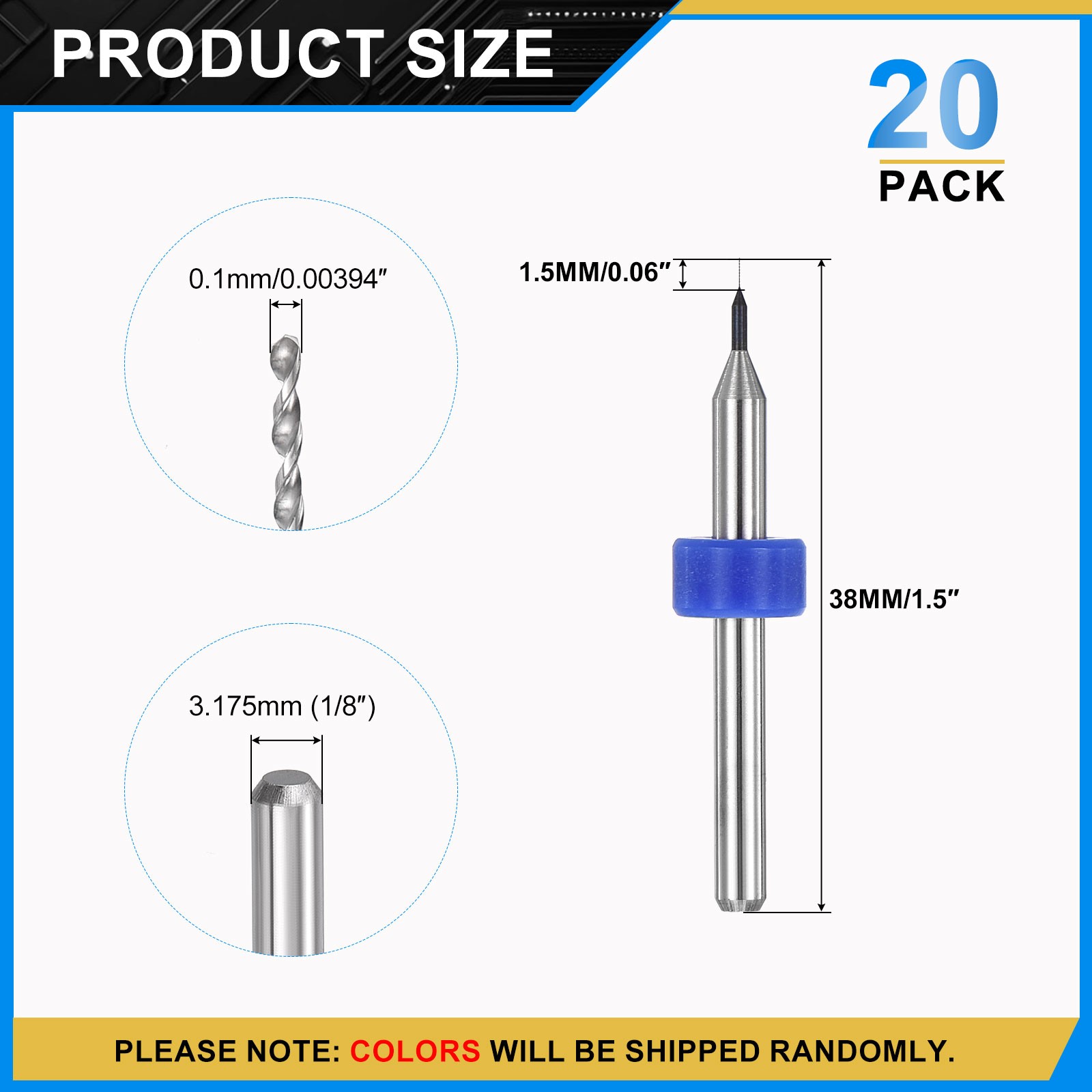 0.1mm Micro Drill Bits 3.175mm Shank Carbide for Print Circuit Board 20pcs