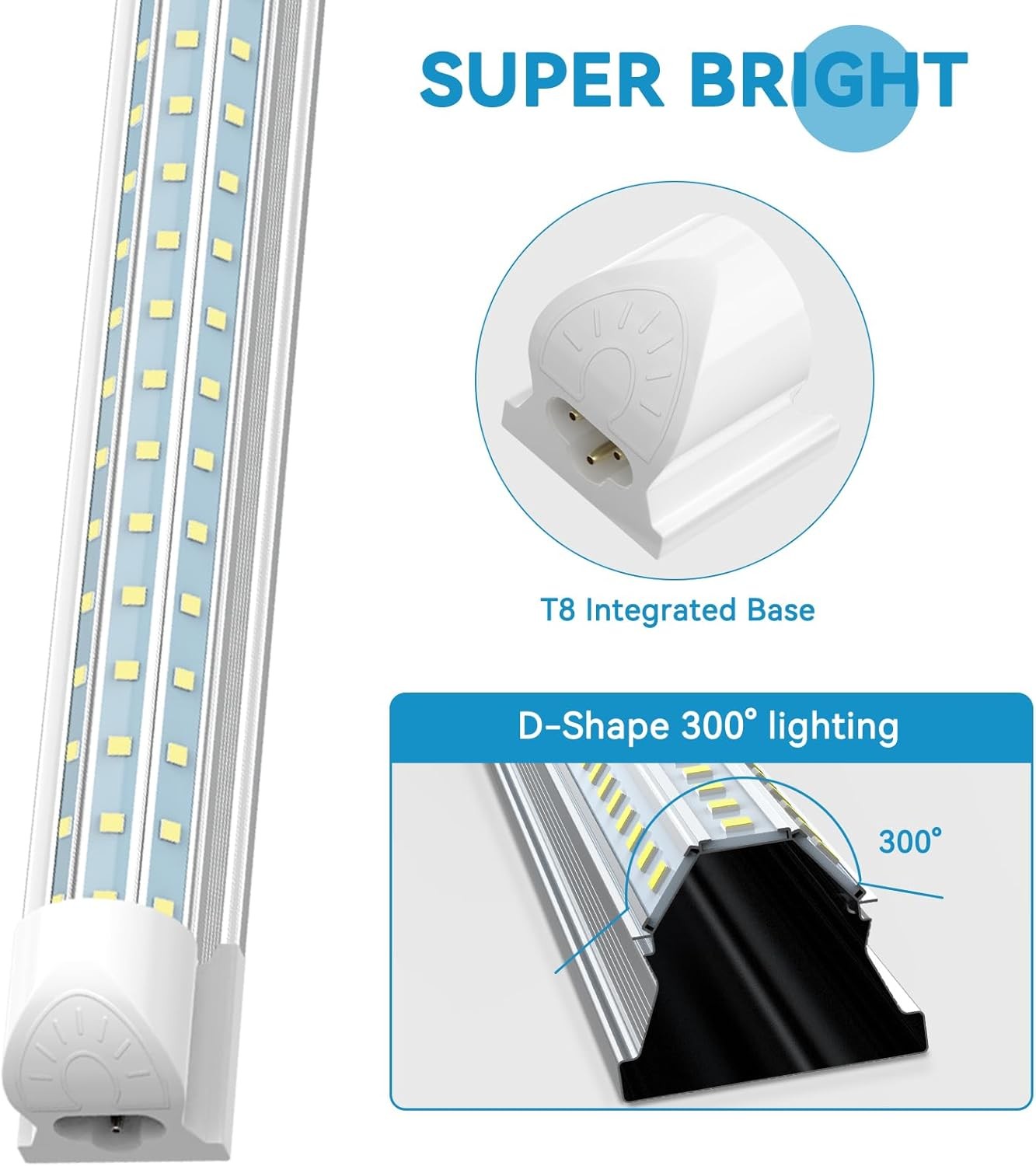 T8 4FT 8FT LED Shop Light Fixture Integrated 60W 120W Tube Light Bulbs D-Shape