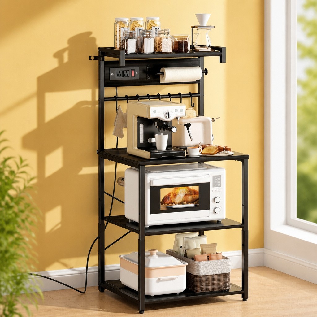 KFFKFF Kitchen Bakers Rack With Power Outlet Wood Metal 23.6″ New