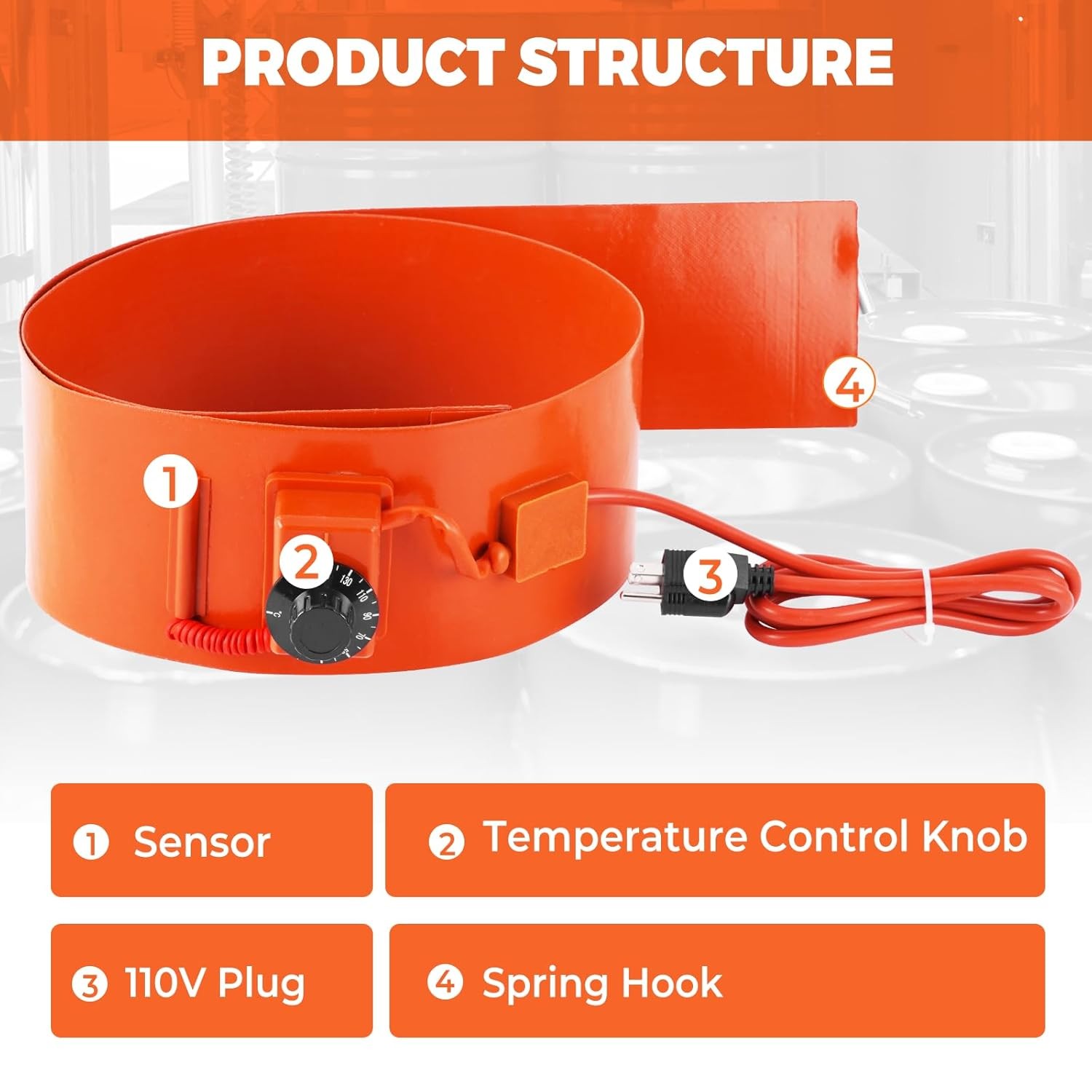 55 Gal Drum Heater Band 2000W 110V Silicone Thermostat 30–150°C, Adjustable Heat