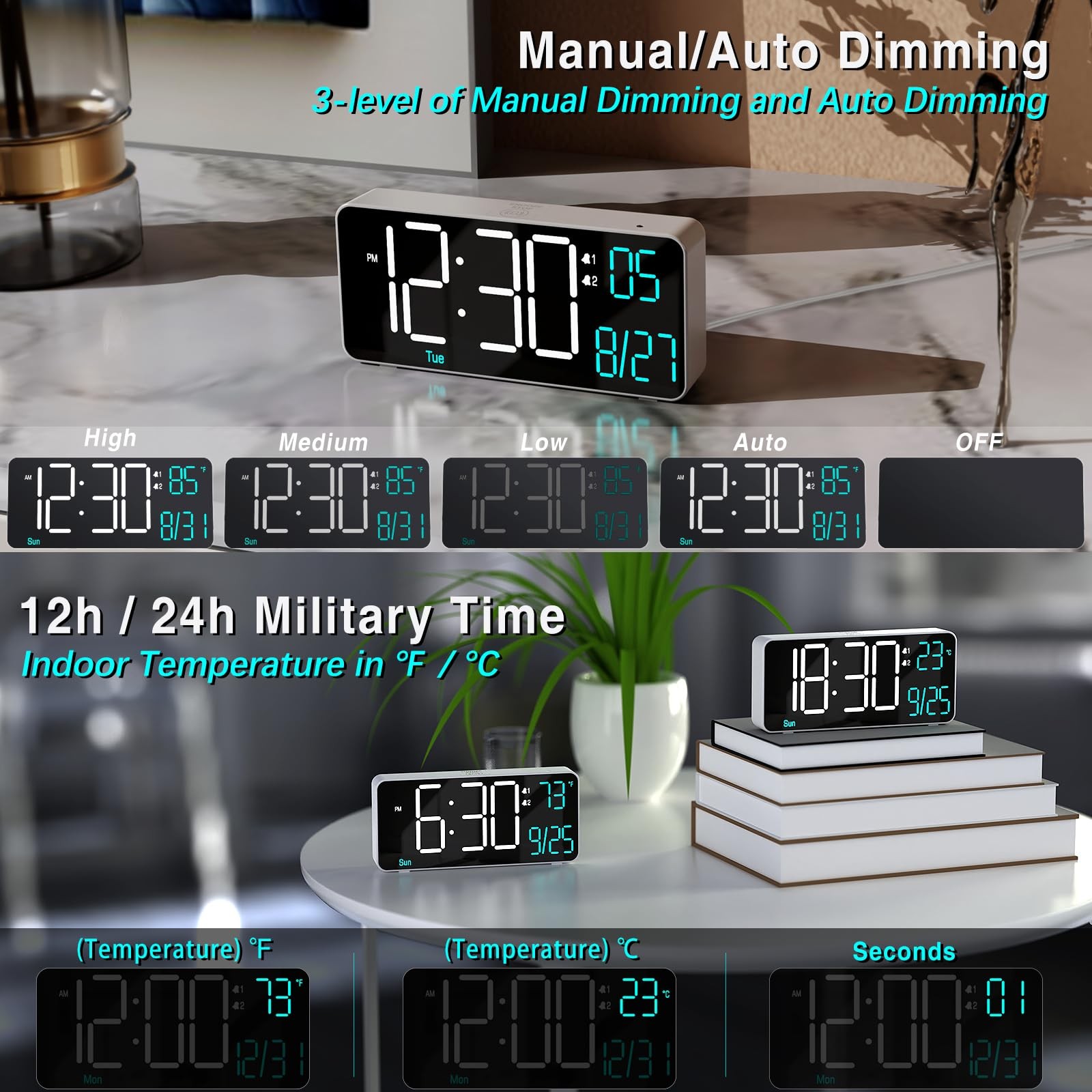 6.7 In Small Digital Alarm Clock Auto Dimming Date Temperature Desk White