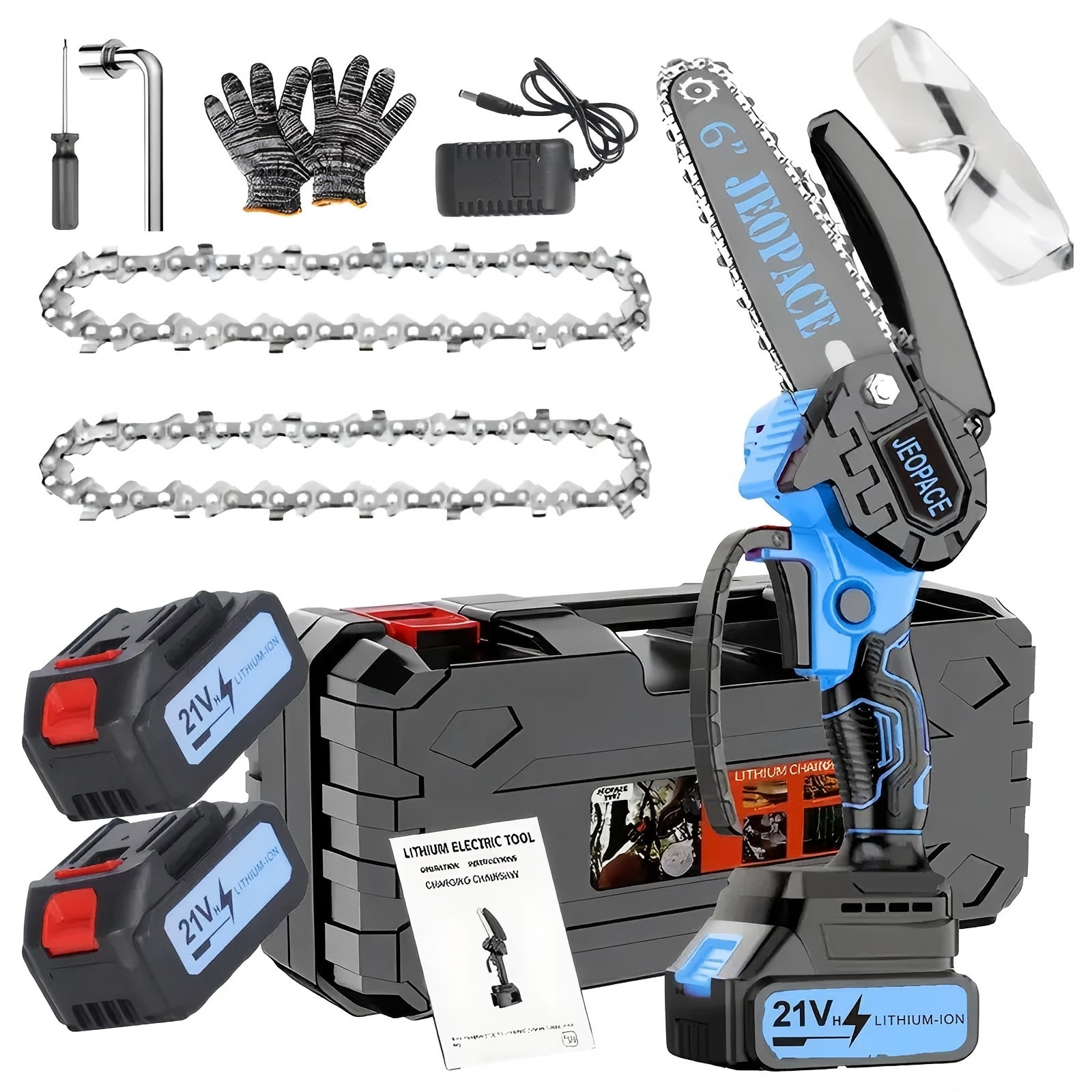 Blue 6Inch Mini Electric Chainsaw 21V Cordless Handheld Saw with 2 Batteries