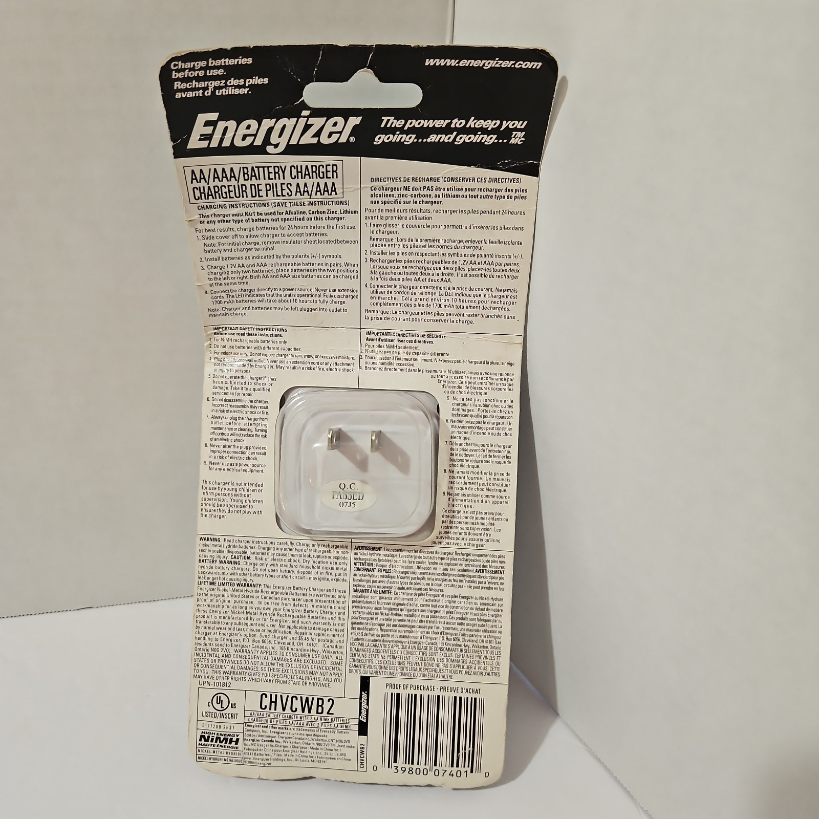 Energizer CHVCWB2 Value Plug-In Battery Charger, AA Batteries/Sealed!