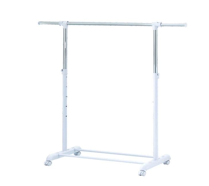 Heavy Clothes Hanger Adjustable Height Rolling Garment Rack Metal Chrome White