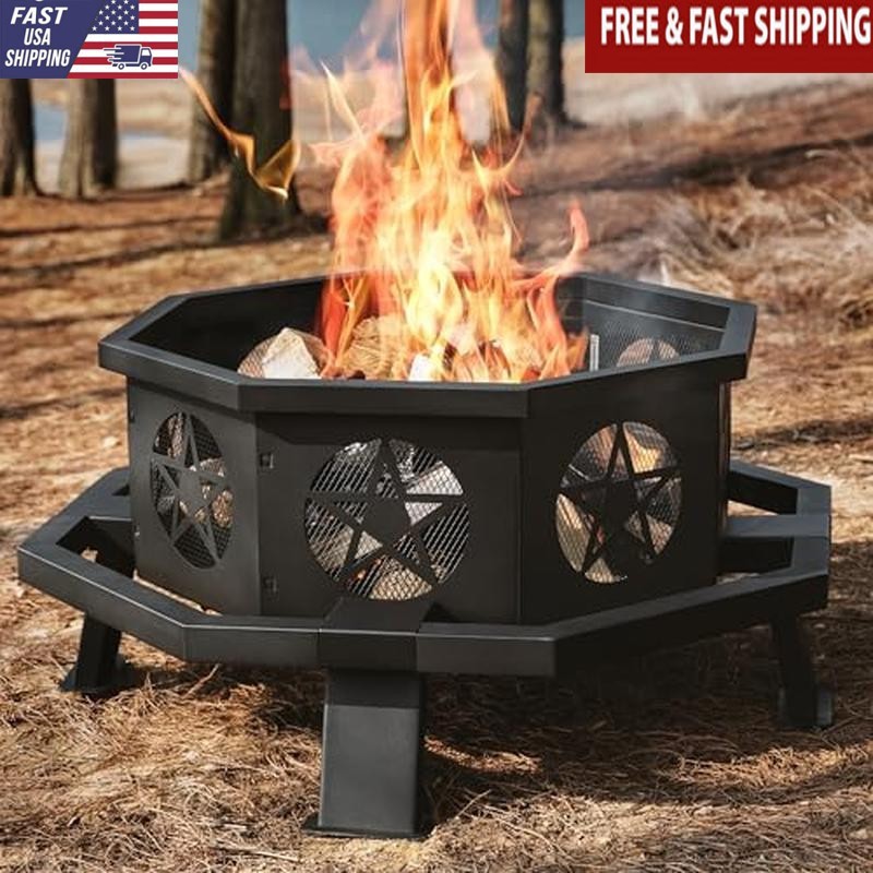 35 in Octagonal Fire Pit Outdoor Fire Pit Wood Burning Fire Pits w/Cooking Grill