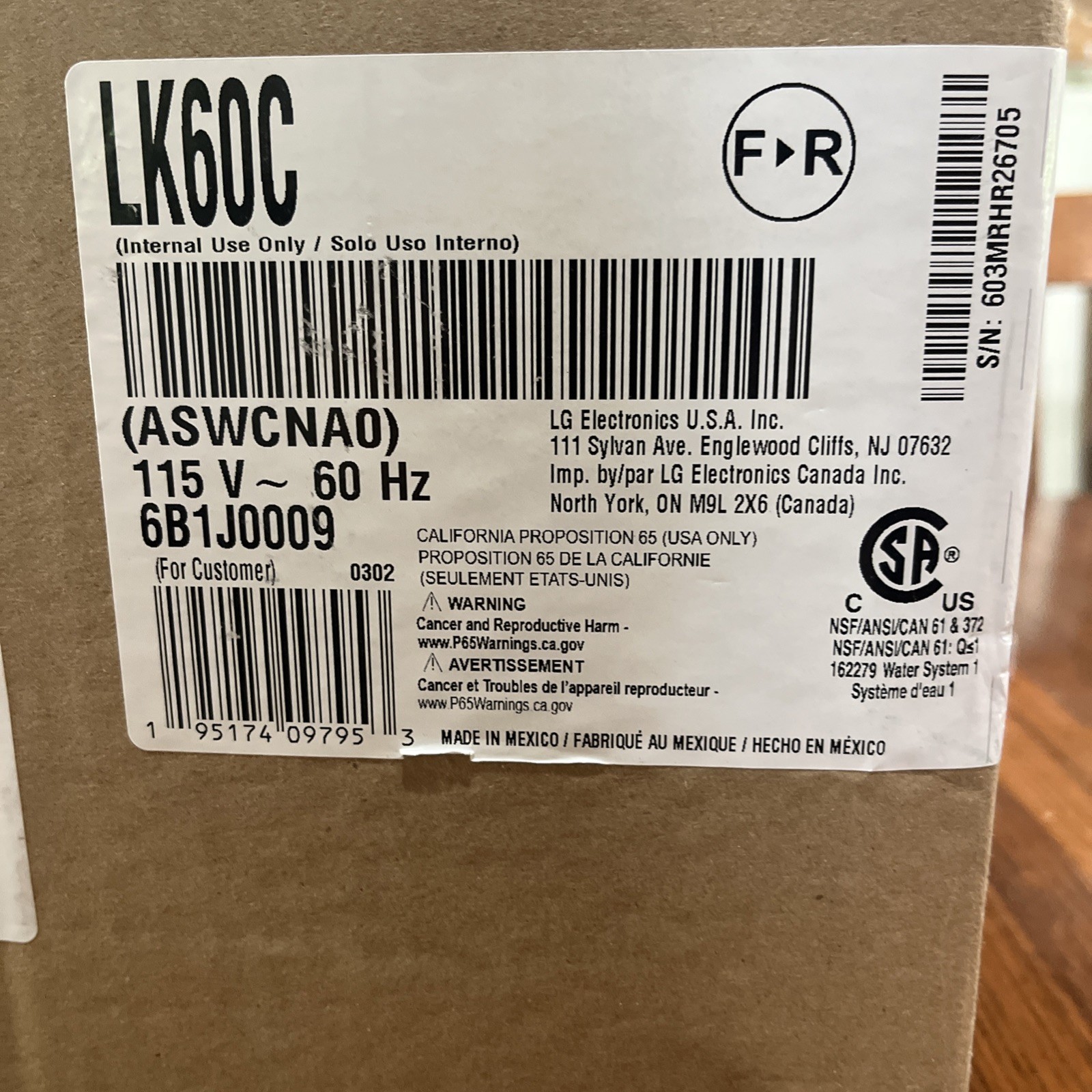 LK60C OEM Original LG Refrigerator Ice Maker Kit