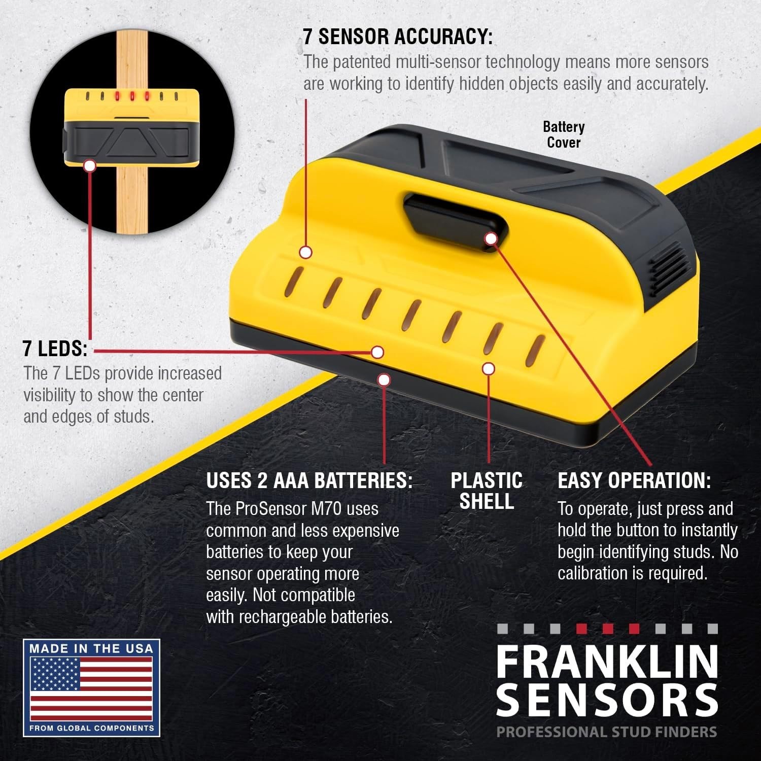Franklin Sensors ProSensor M70 Stud Finder with 7-Sensors, Wood & Metal Stud