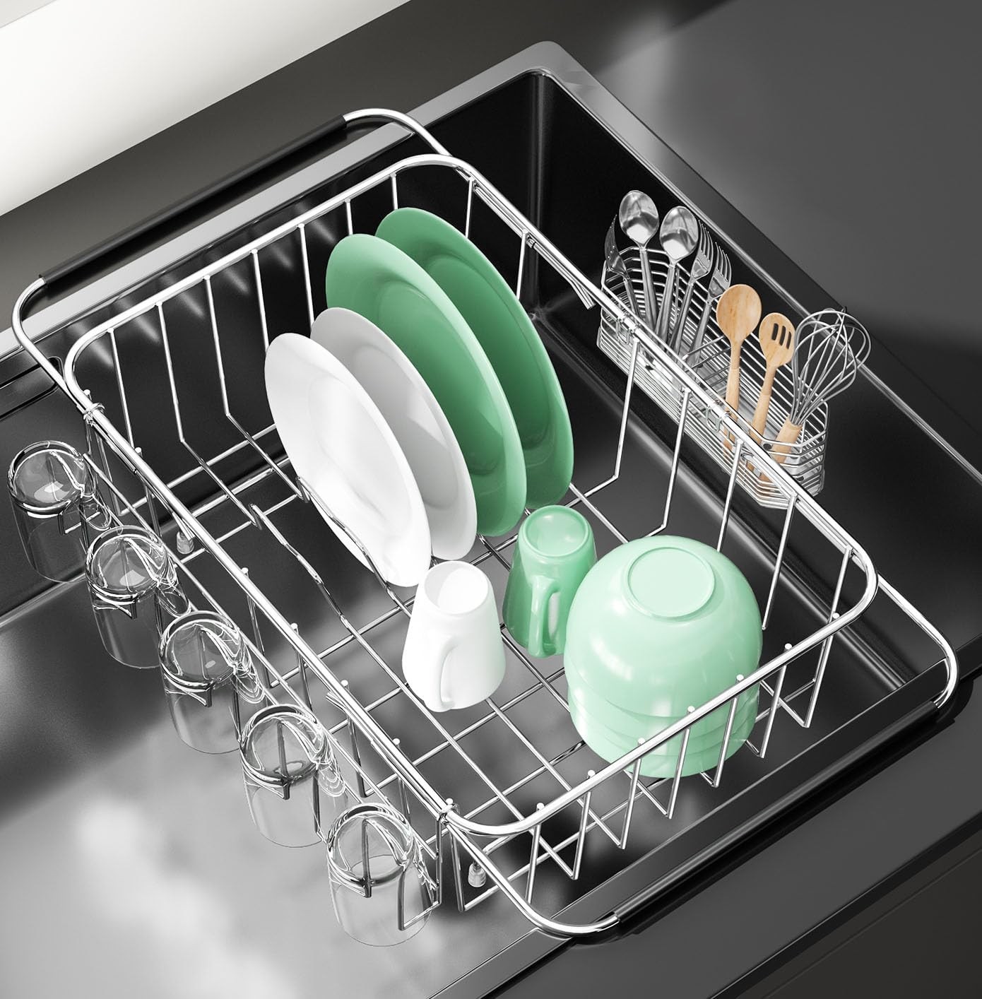 Adjustable In-Sink Dish Drainer Rack Expandable 304 Stainless Steel Drying Rack