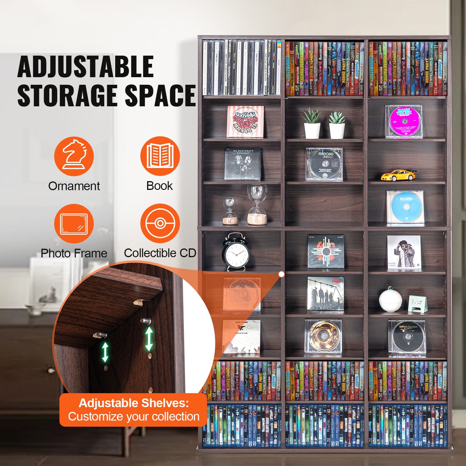 VEVOR Media Storage Cabinet 9 Layers Adjustable DVD Shelves 756 CDs Espresso