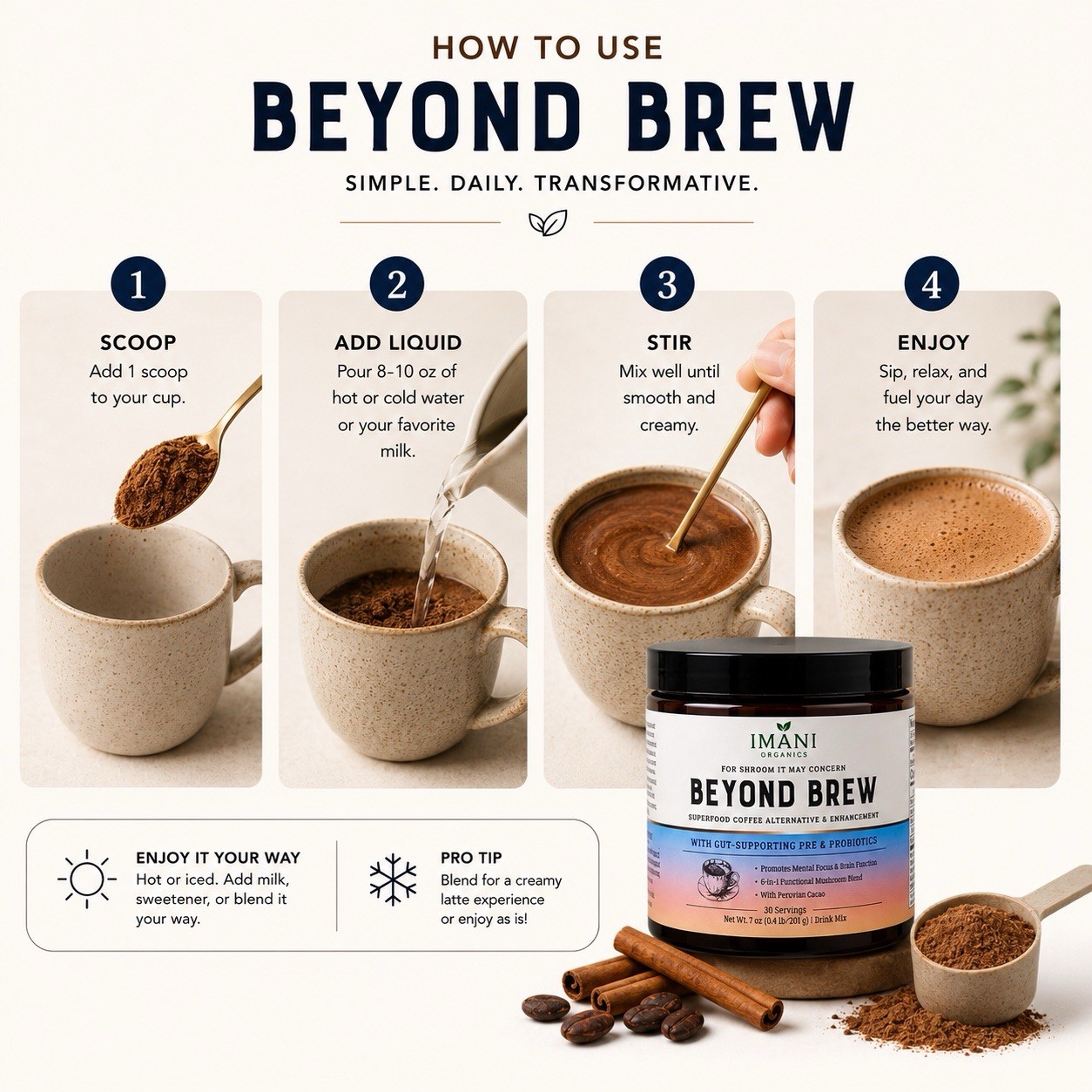 3-PACK Beyond Brew Mushroom Coffee 7-in-1 Cacao Energy/focus/Gut/Mental!
