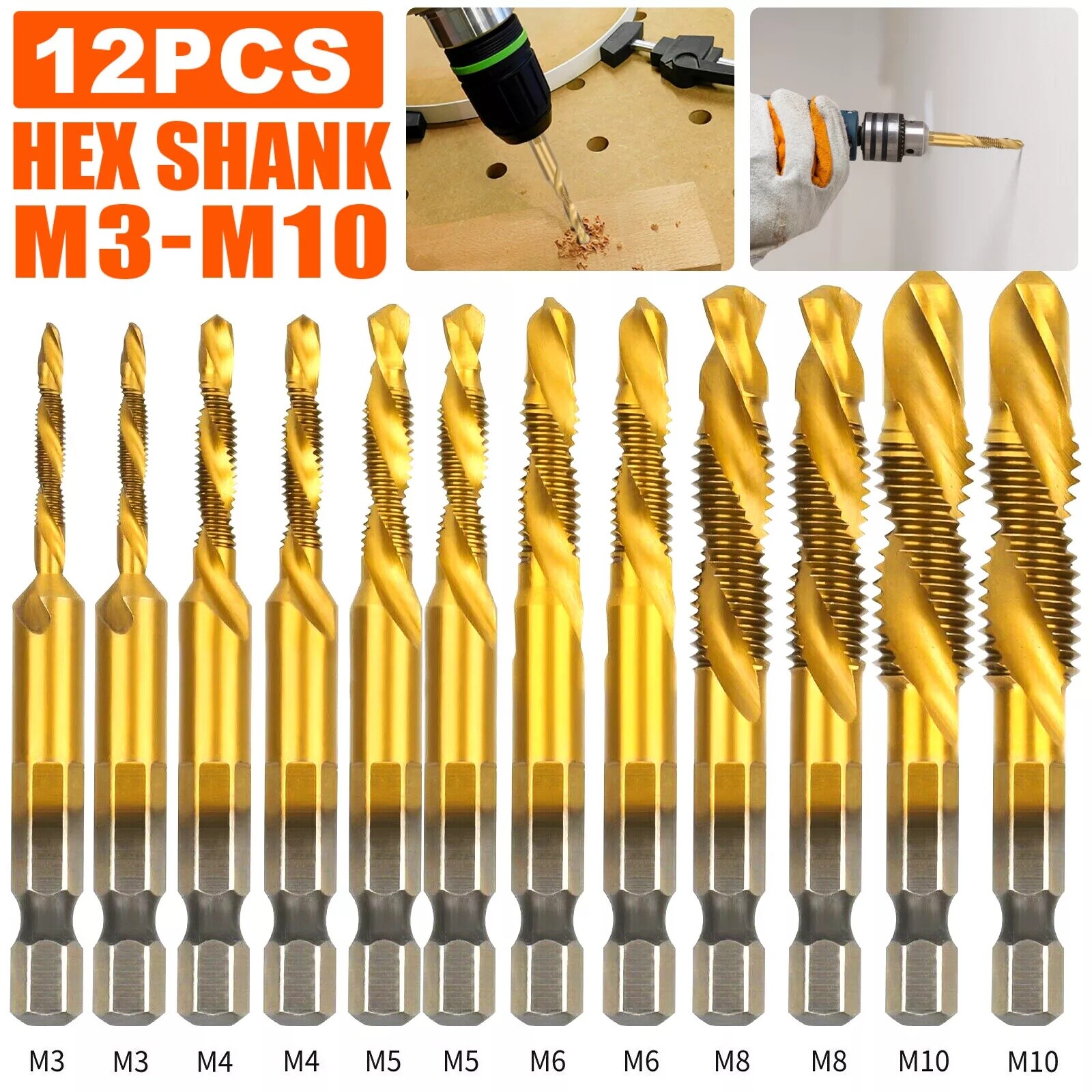 12Pcs HSS Titanium Coated Twist Drill Bit Set M3-M10 Hex Shank For wood Metal