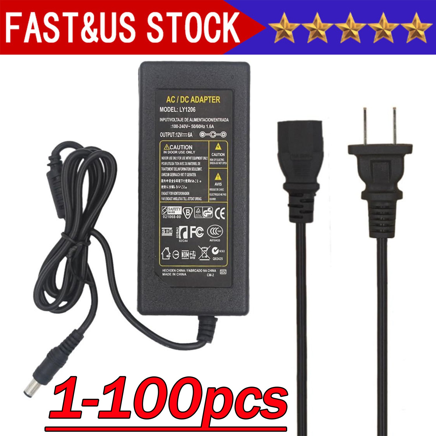 12V 5A 5 AMP 60W DC Power Supply Adapter Transformer LED Strip CCTV PC 5050 USA